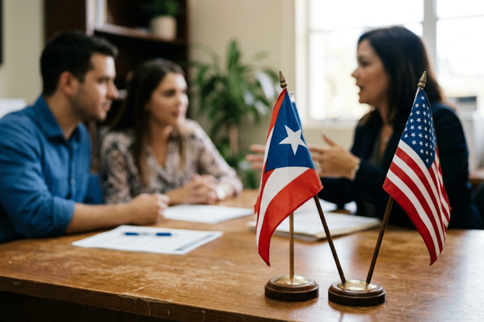 Couple discusses Puerto Rico property investment with professional advisor.