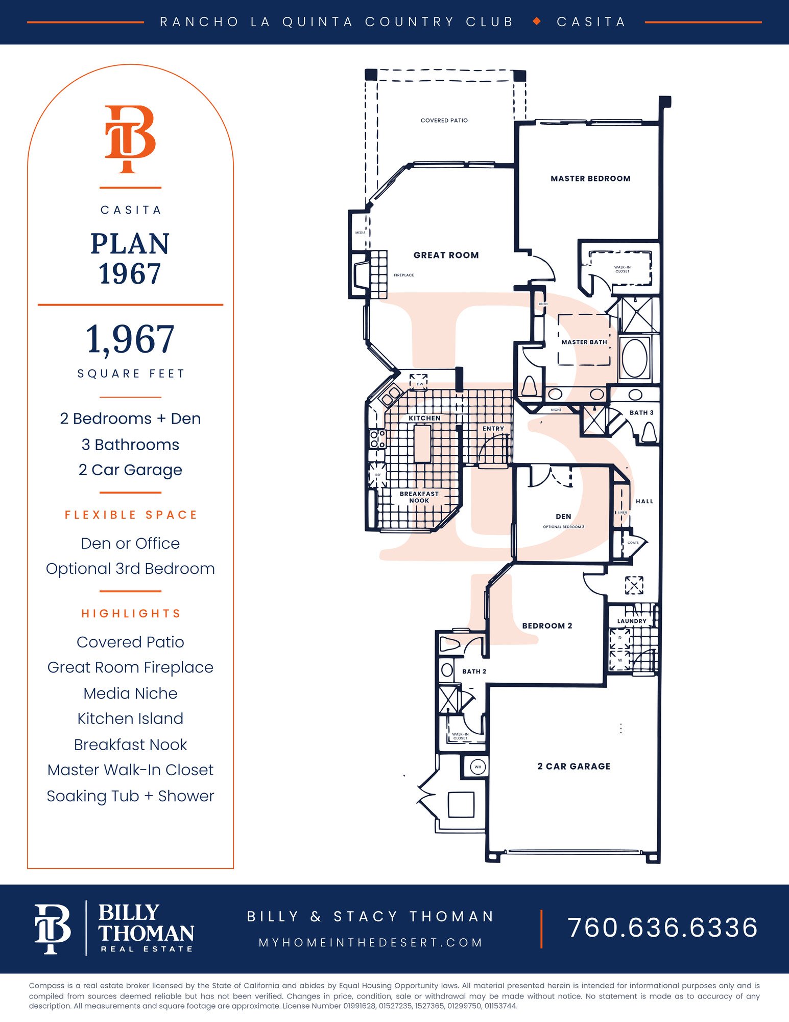 Rancho La Quinta Country Club Casita 1967 floor plan, 2 bedroom plus den 3 bath 1,967 sq ft single story home with covered patio