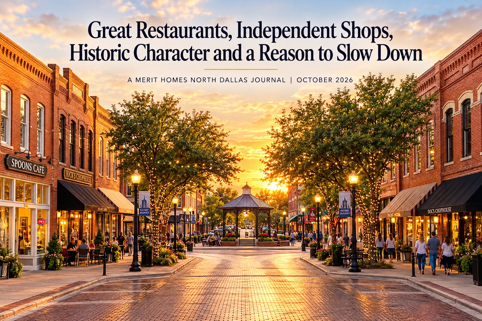 Illustrated historic shopping street at sunset, promoting restaurants, independent shops and historic character.