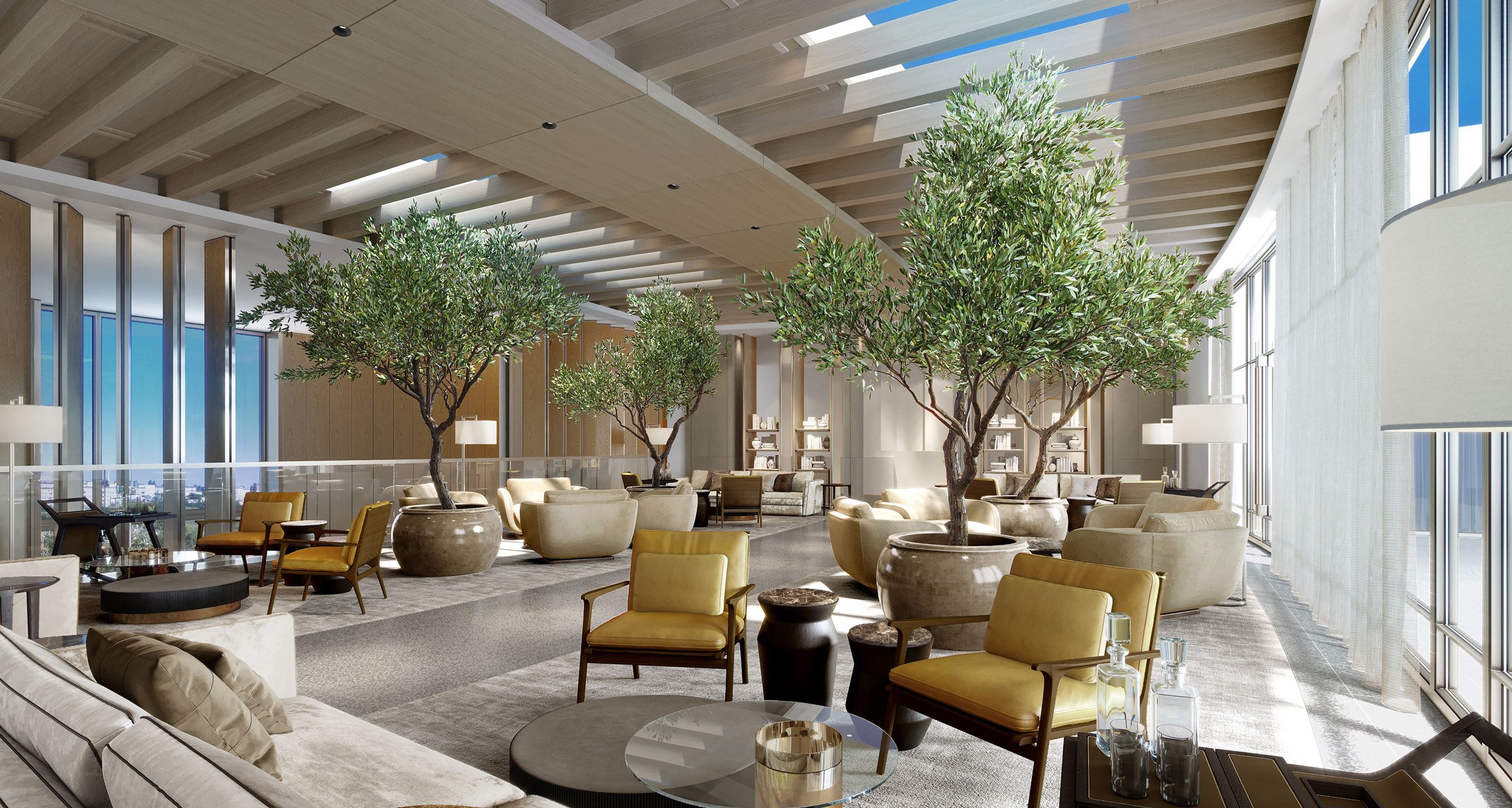 Rendering of a resident lounge with olive trees and floor-to-ceiling windows at The Ritz-Carlton Residences, Naples