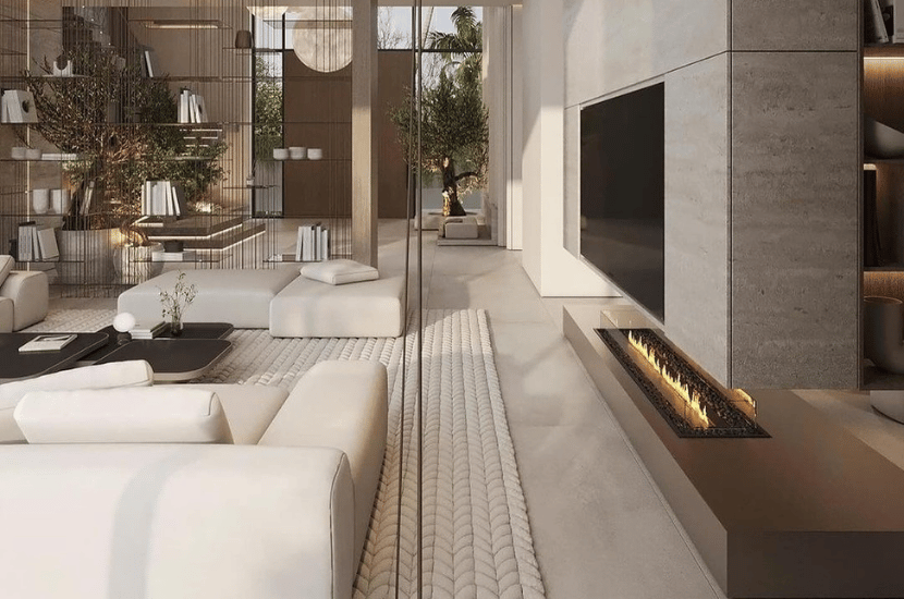 Modern living room with neutral tones, natural light, and contemporary design