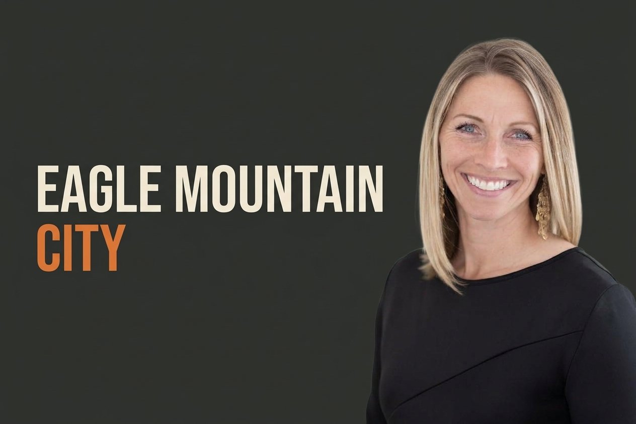 Smiling blonde woman in a black top beside the words “Eagle Mountain City.”