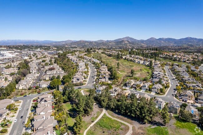 Aerial view of Carmel Mountain Ranch, San Diego, showcasing suburban streets, single-family homes, and green open space—ideal for real estate buyers seeking comfort and convenience.