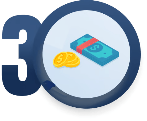 Blue numeral 3 beside a magnifying glass framing banknotes and gold coins.
