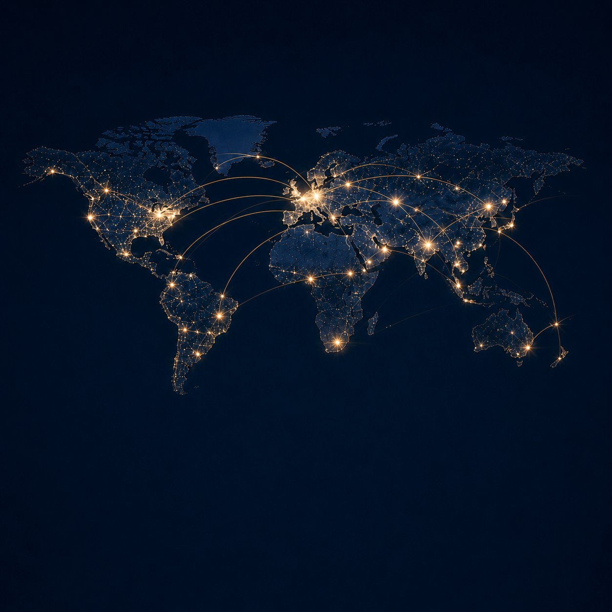 World map with glowing city lights connected by golden global network routes.