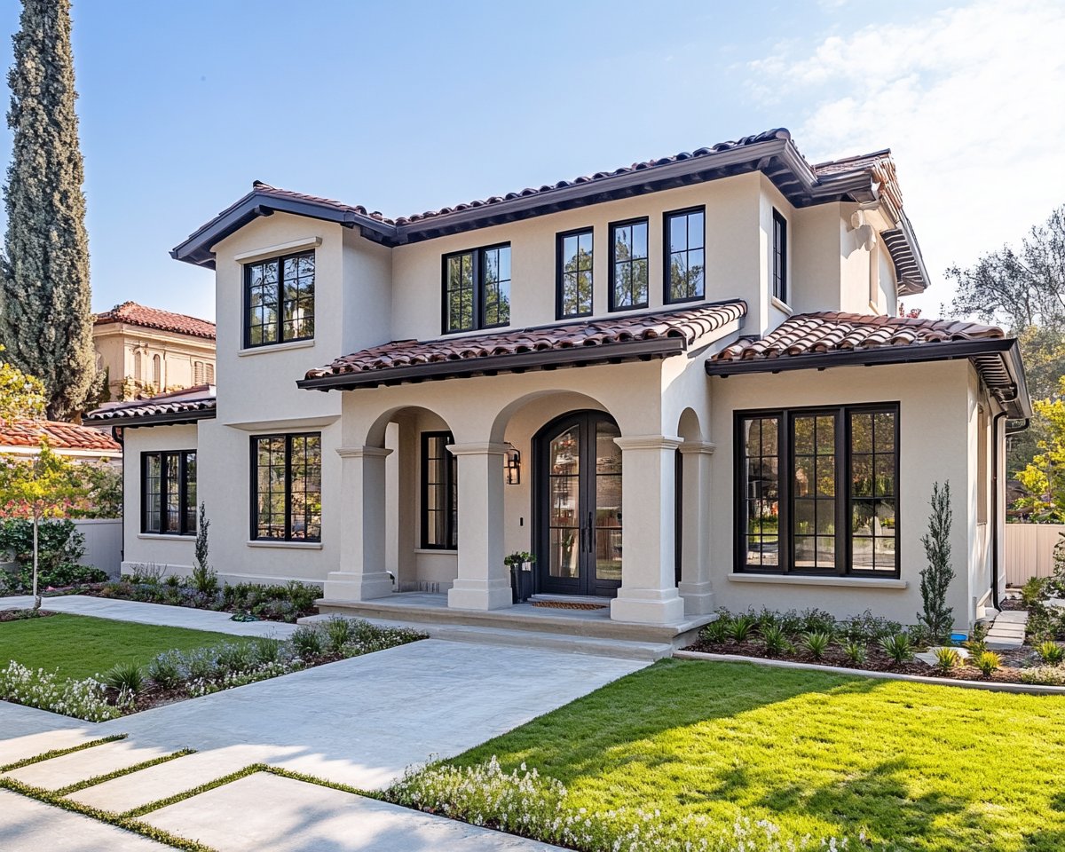 Two-story stucco home with a red tile roof, arched entry, black-framed windows, and landscaped front lawn.