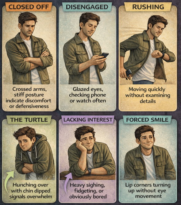Qualifying real estate leads guide illustrating client body language signals like closed posture, disengagement, rushing, and forced smiles.