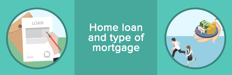 Home loan and mortgage types banner, with a loan document and a couple beside a hand holding a house and money.