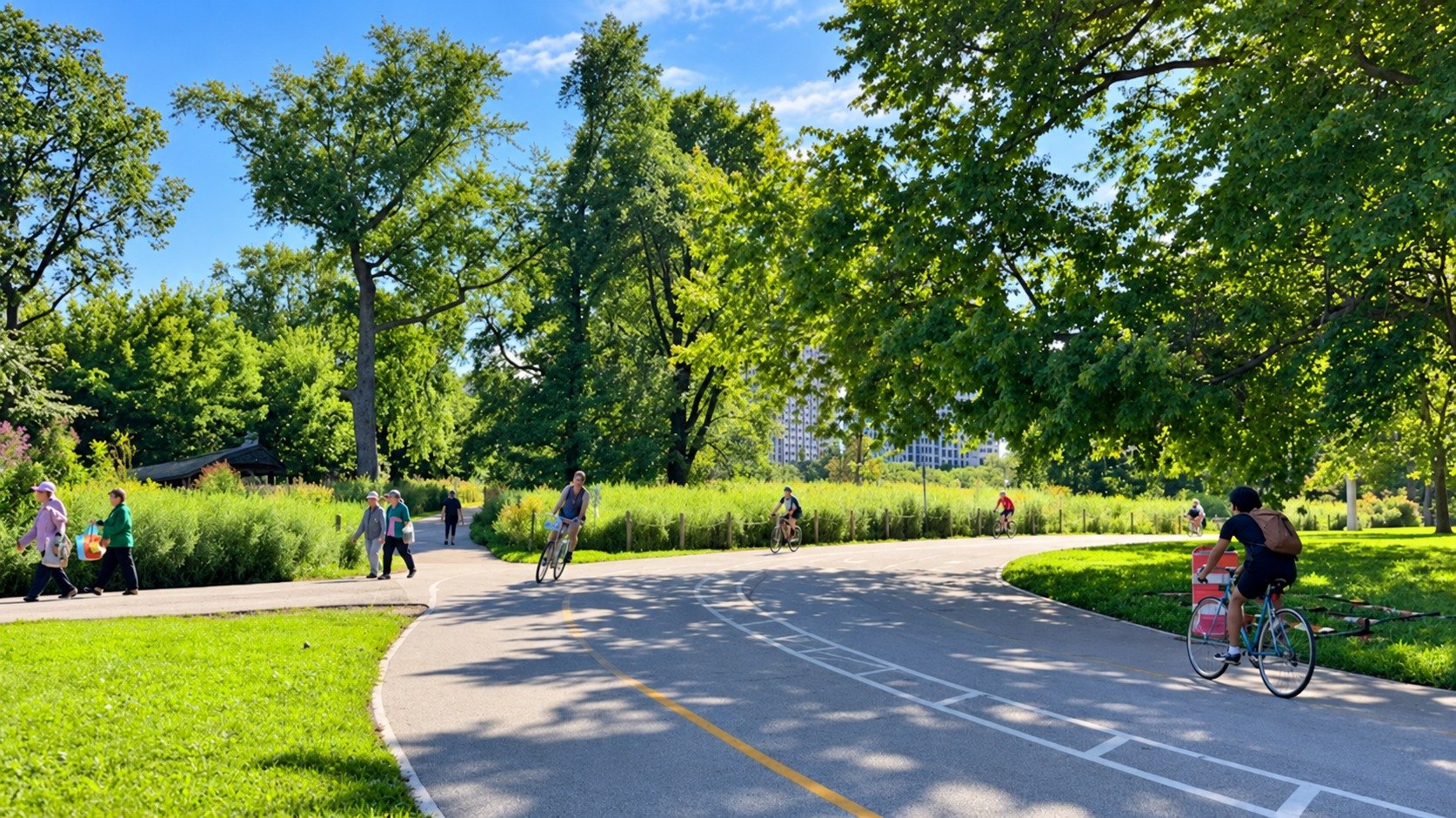 Walkers and cyclists on a lakefront path near Montrose Point, close to Buena Park