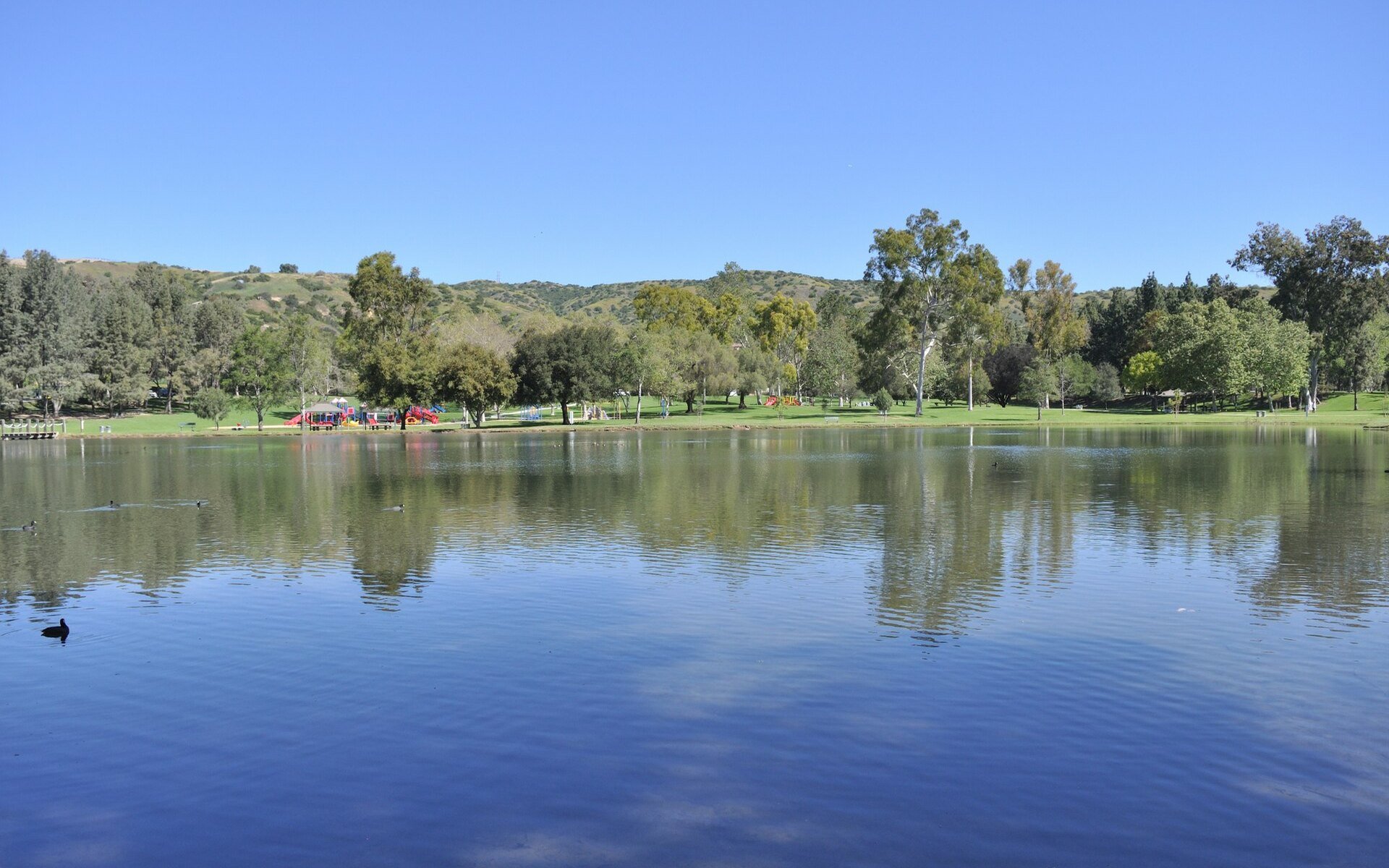 Lake and surrounding landscape at Carbon Canyon Regional Park in Brea