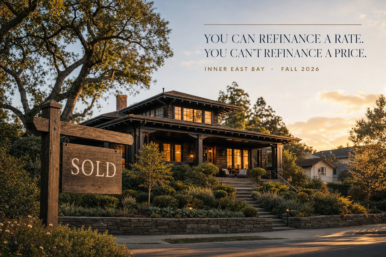 Inner East Bay real estate marketing graphic: “You can refinance a rate. You can’t refinance a price.”