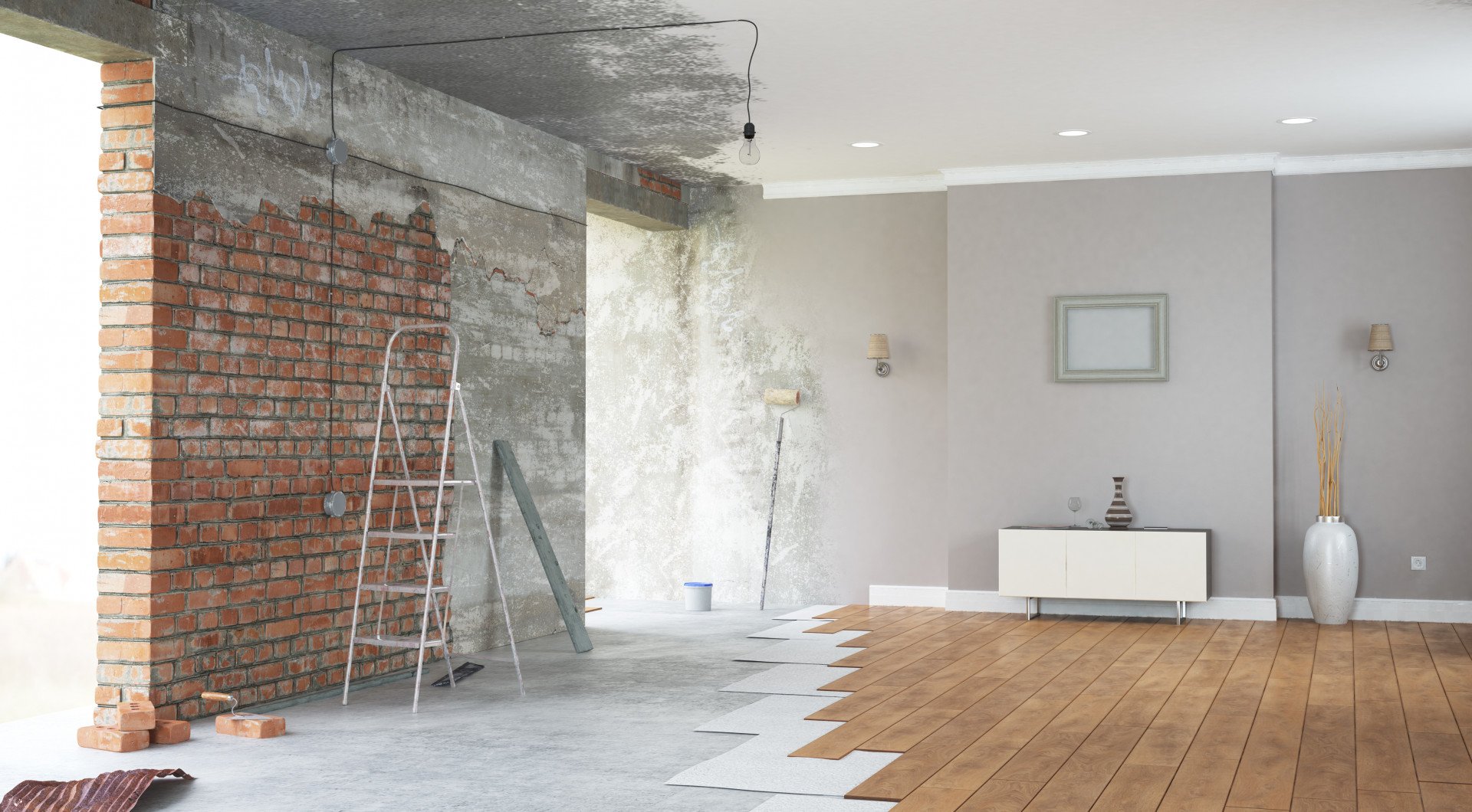 Partially renovated living room with exposed brick, a ladder, and wood flooring in progress.
