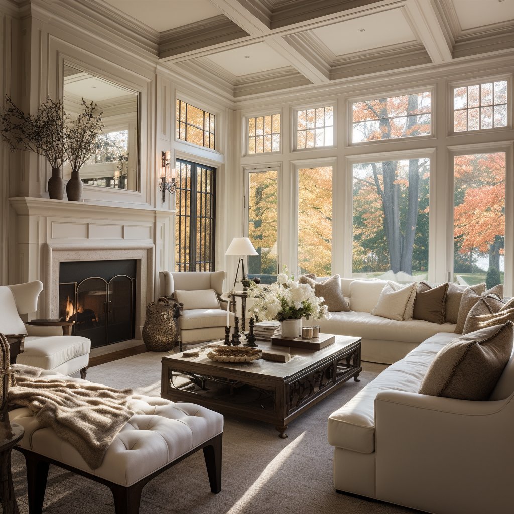 Living room with a coffered ceiling, tall windows, a white fireplace, and cream sofas.