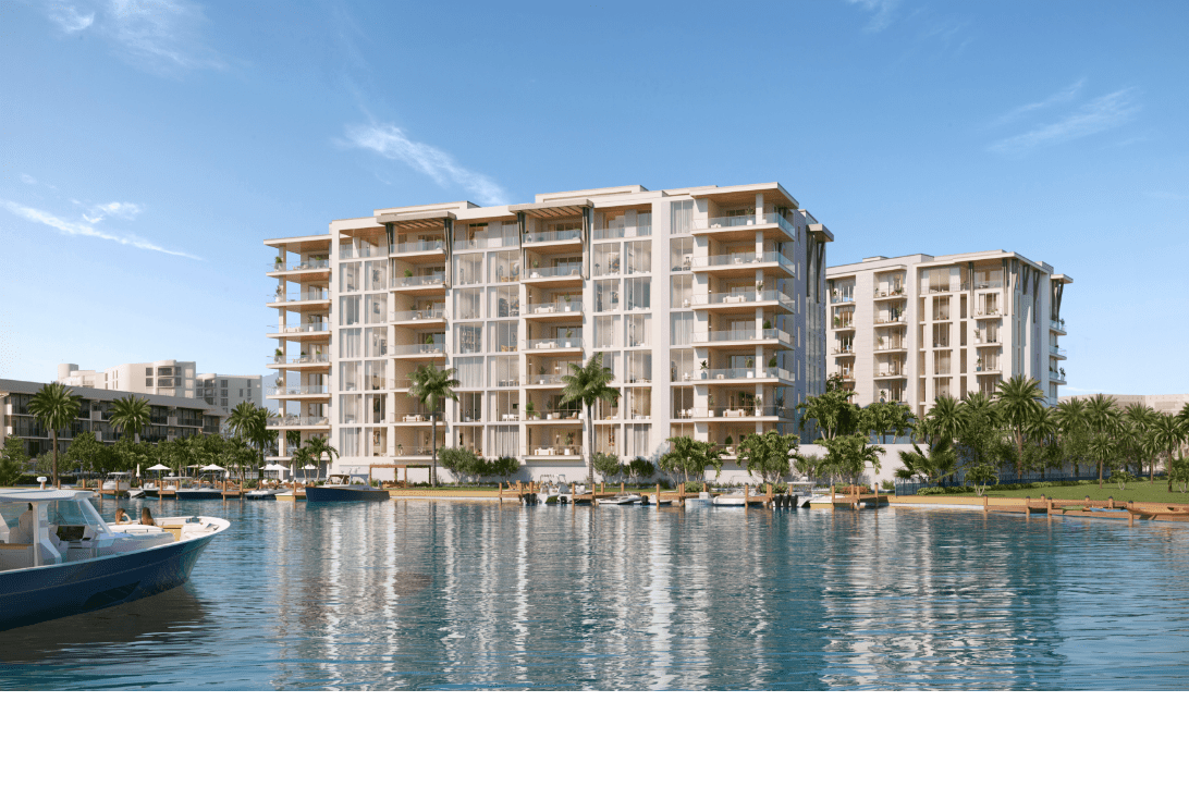 Rendering of the two eight-story buildings at 3300 Gulf Shore, Naples seen across the water, with boats at the marina