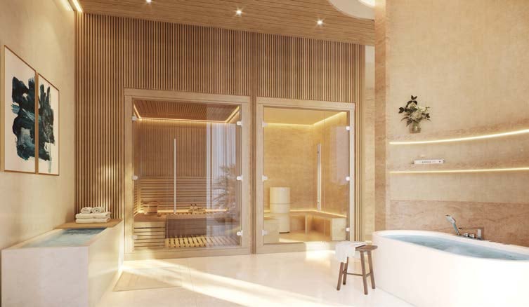 Rendering of a private wellness suite with a steam room and soaking tub at Olana Naples Residences