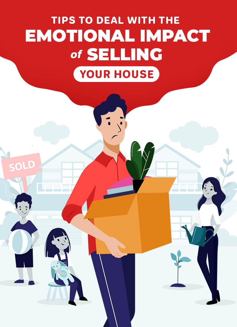 Illustration about the emotional impact of selling a house, showing a worried man carrying a moving box.