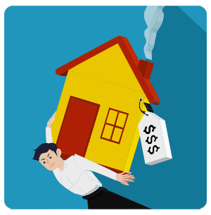 Illustration of a man supporting a yellow house with a dollar-sign price tag.