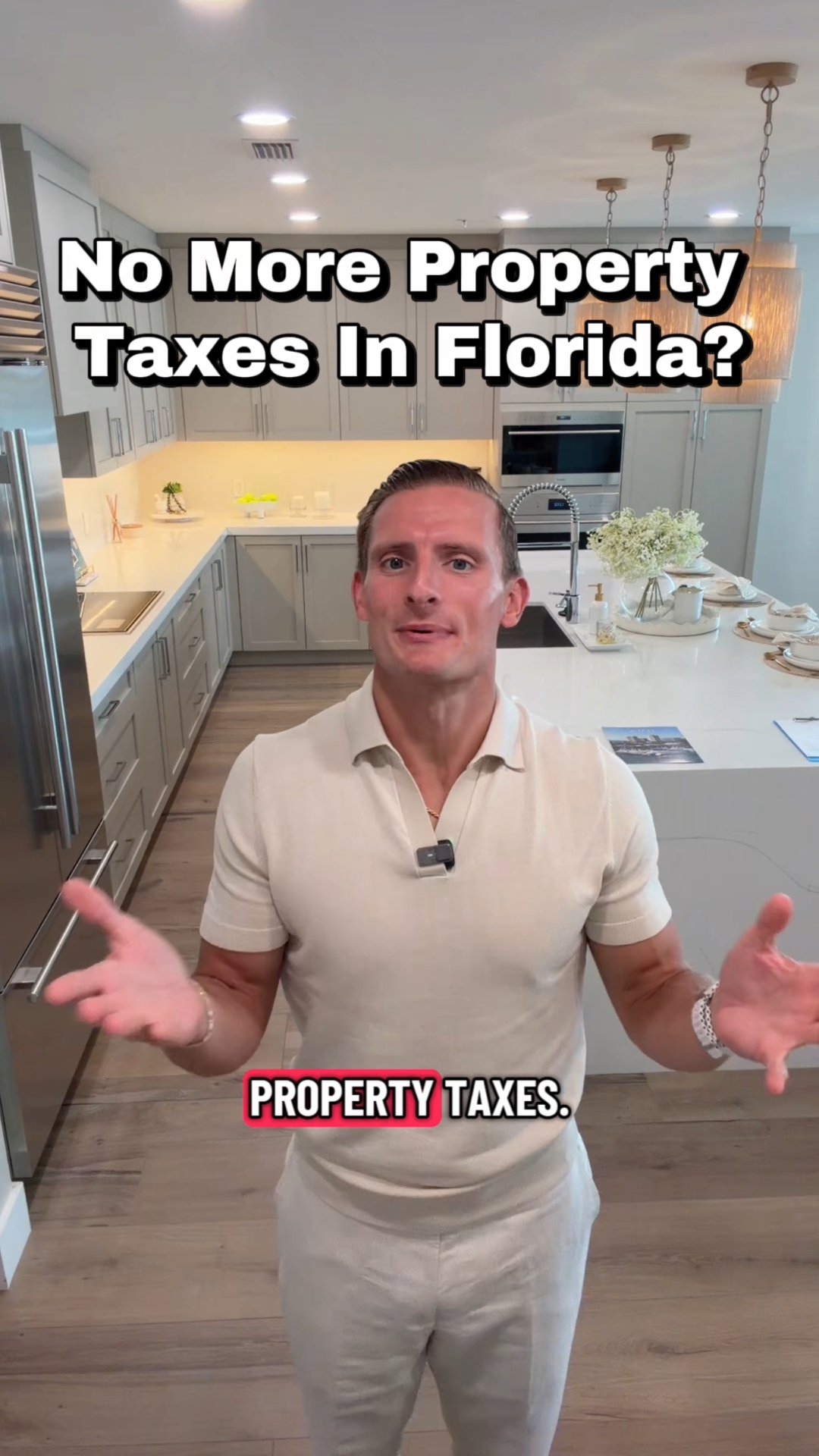 Man speaking in a modern kitchen about Florida property taxes.