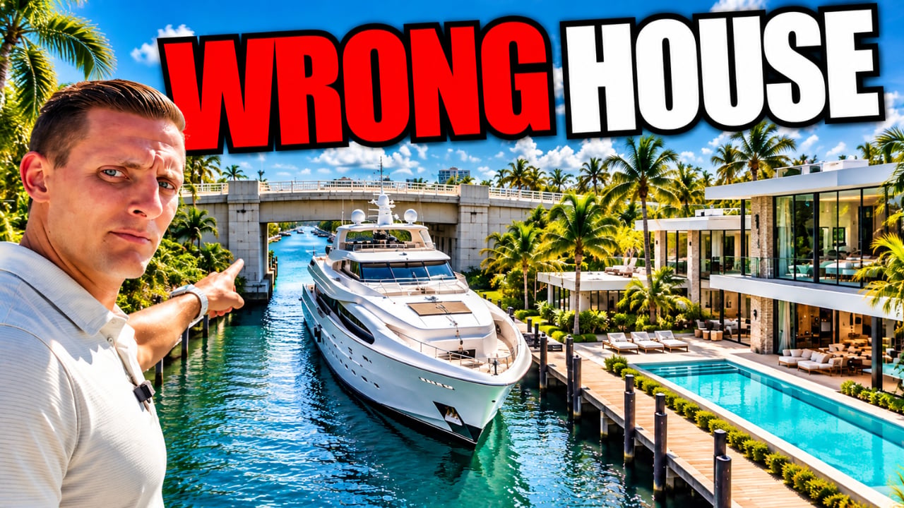 “Wrong House” headline over a man pointing toward a yacht beside a modern waterfront home.