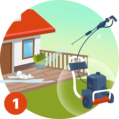 Pressure washer cleaning a wooden deck beside a house, labeled 1.