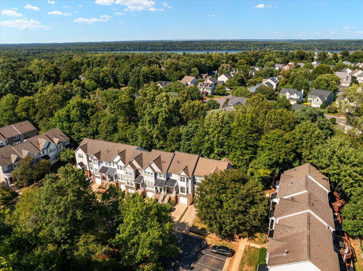 Aerial view of Sterling townhomes, with dense trees and water in the distance.