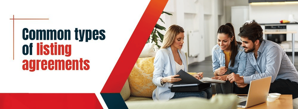 Common types of listing agreements; an agent reviews paperwork with a couple at a table.