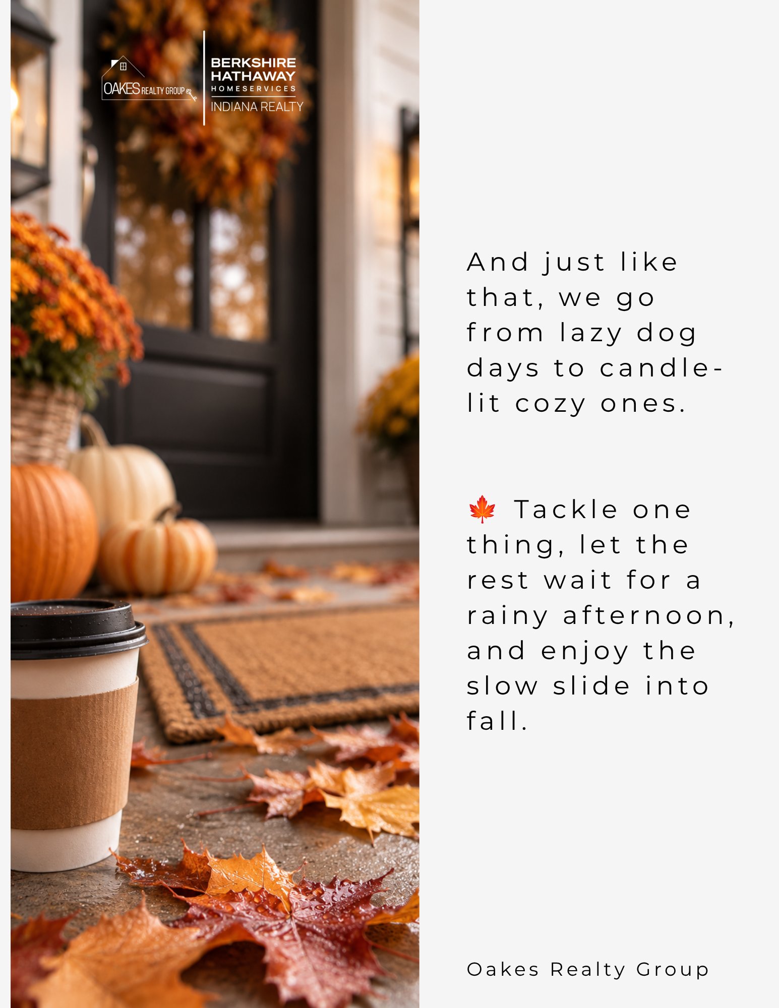 Fall home guide graphic with a porch decorated with pumpkins and leaves, plus advice to ease into the season.