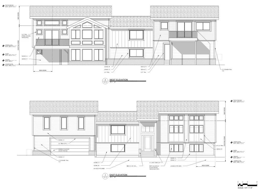 Architectural drawing showing west and east elevations of a multi-level home addition.