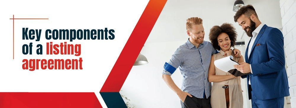 Key components of a listing agreement; an agent reviews paperwork with a couple.