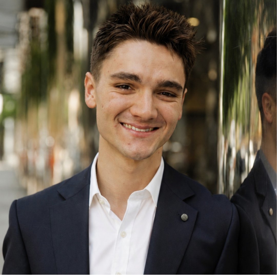 Hunter Curren in a navy suit and white shirt, smiling beside a reflective wall.
