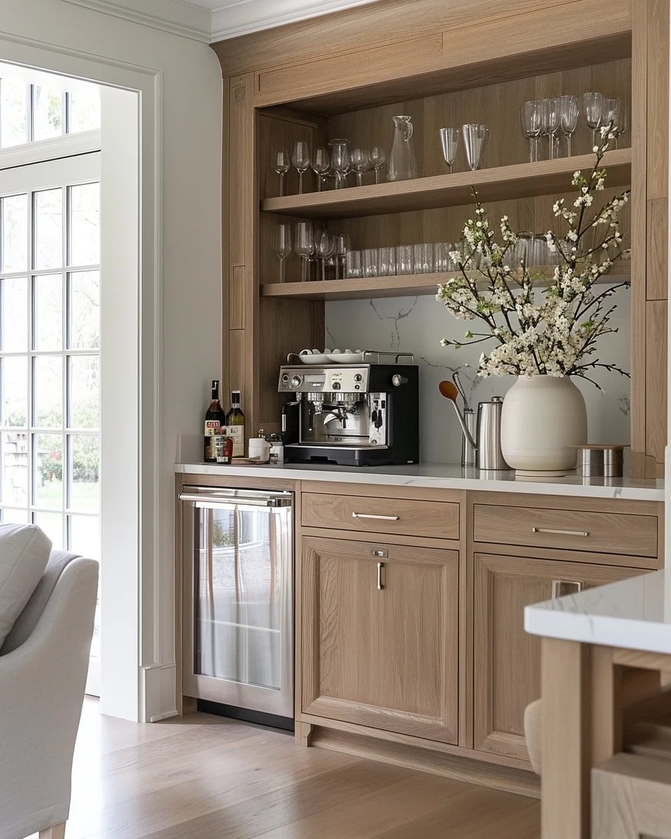 Built-in beverage station with light wood cabinets, an espresso machine, glassware, and flowering branches.