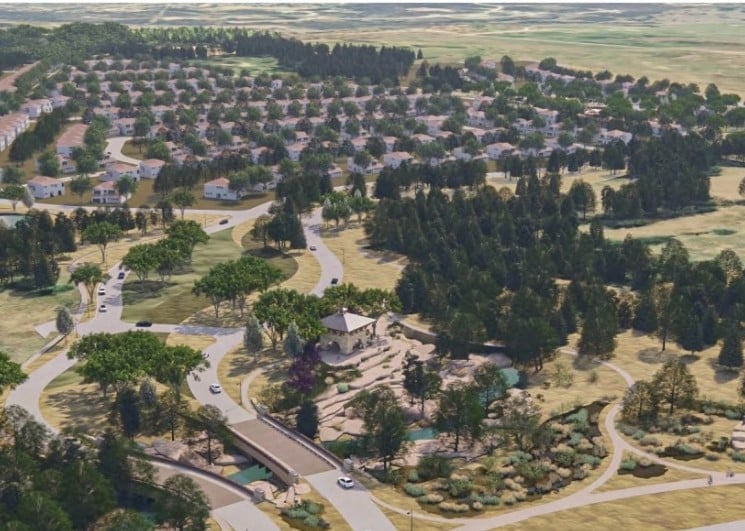 Furst Ranch Argyle TX community amenities with lake, green space, and planned commercial area.