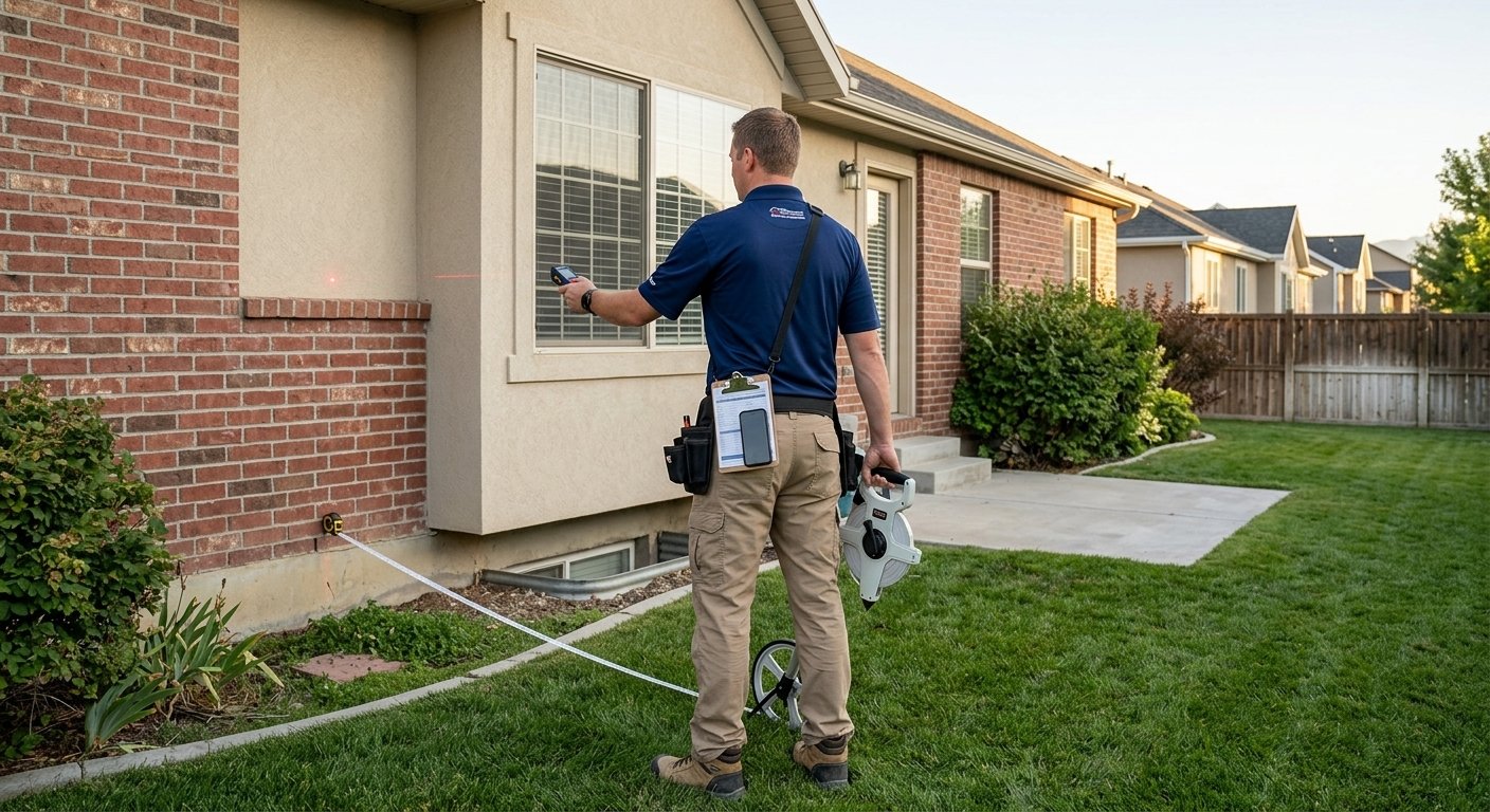 An inspector measures a brick-and-stucco home beside its front lawn.