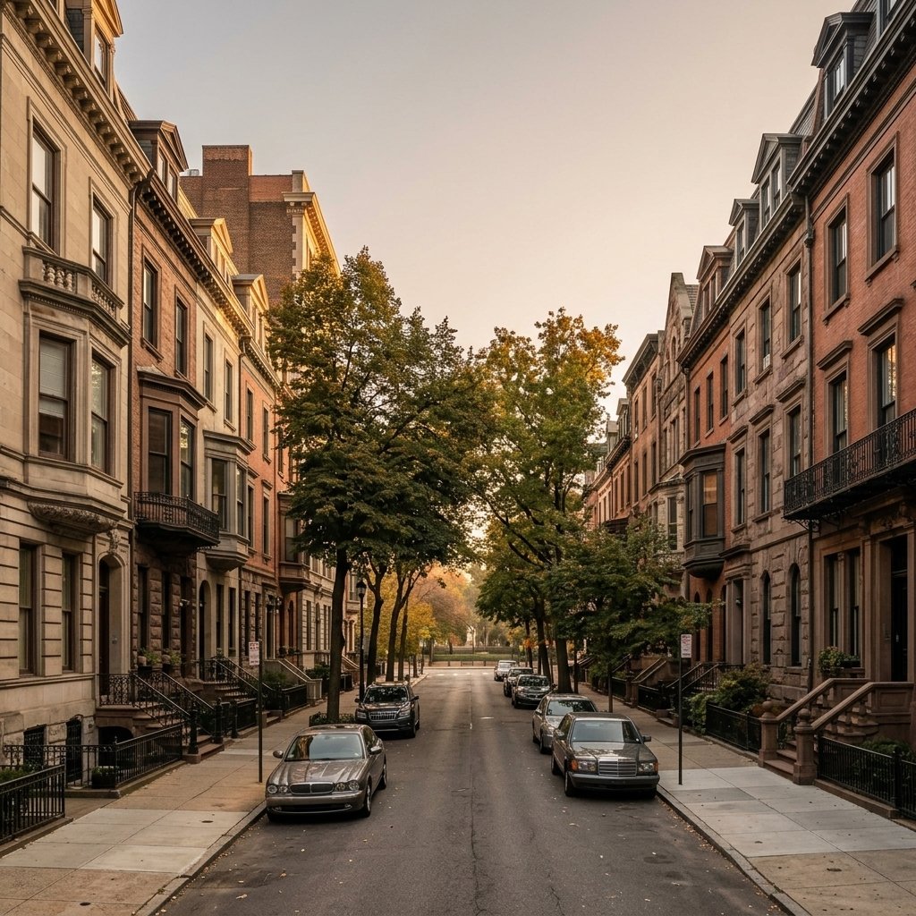 Brownstone-lined residential street near Rittenhouse Square in soft golden-hour light