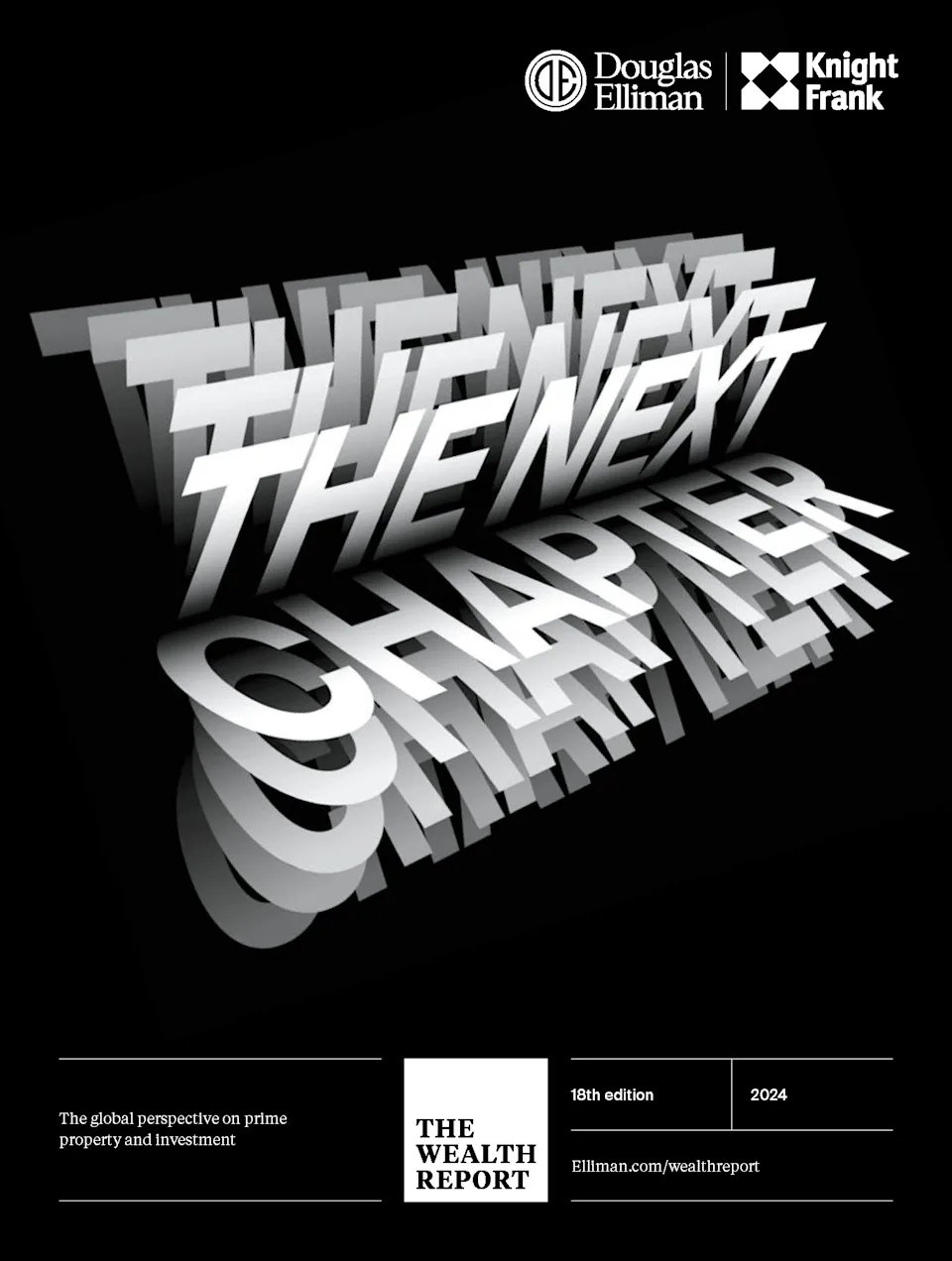 2024 The Wealth Report cover with silver “The Next Chapter” lettering and Douglas Elliman and Knight Frank logos.