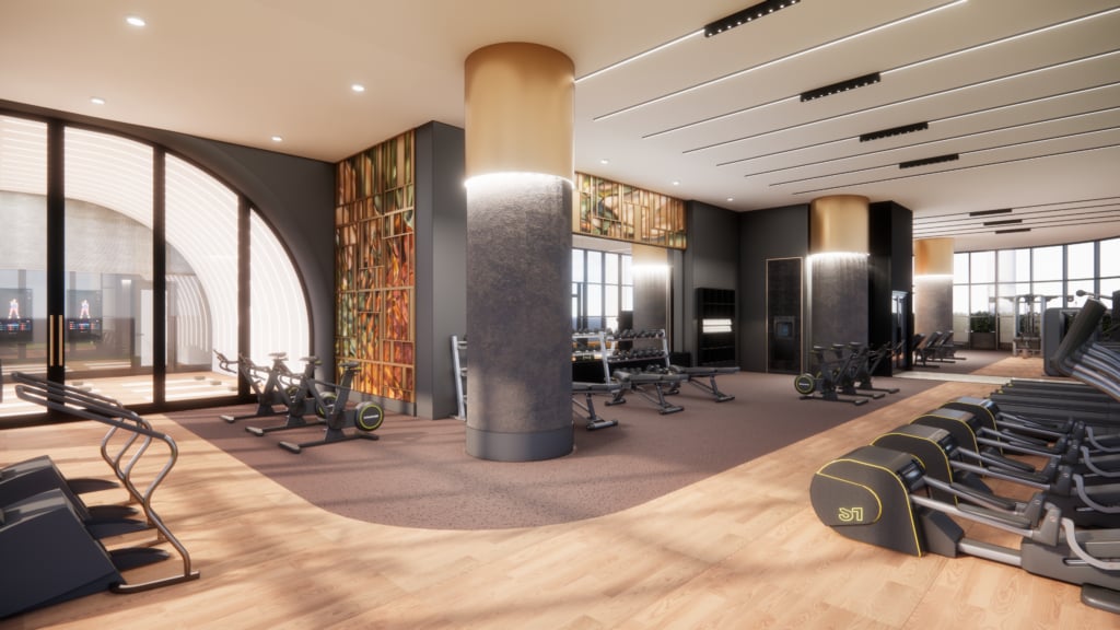 Modern fitness center with rows of treadmills, strength equipment, and curved floor-to-ceiling windows.