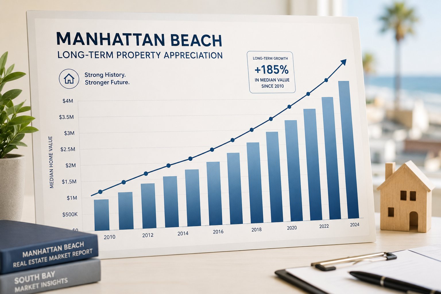 Bar chart showing Manhattan Beach property value appreciation from 2010 to 2024, with a 185% increase.