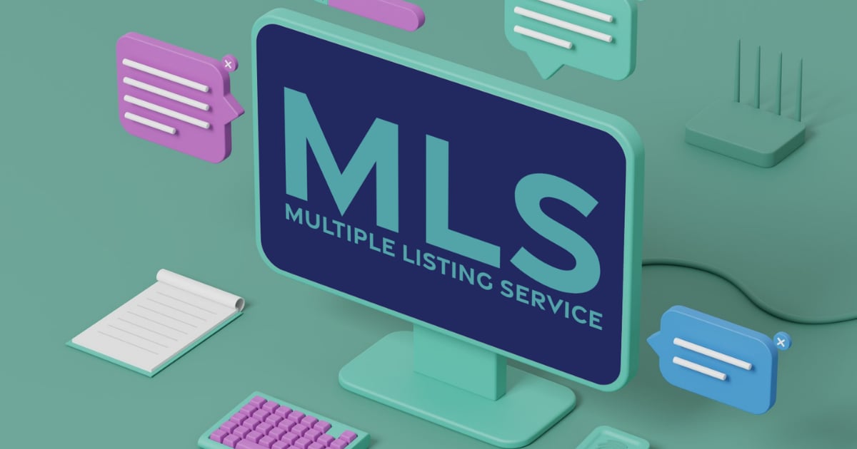 A horizontal infographic titled "What is the MLS?" showing the process of how property information moves through the Multiple Listing Service. The graphic shows a seller working with a listing agent, the listing agent creating a property listing, the MLS acting as a professional database that shares property information, buyer agents searching the MLS for homes that match their clients' needs, and buyers discovering homes through MLS-connected websites. The bottom line explains that the MLS helps real estate professionals share property information and connect buyers with homes.