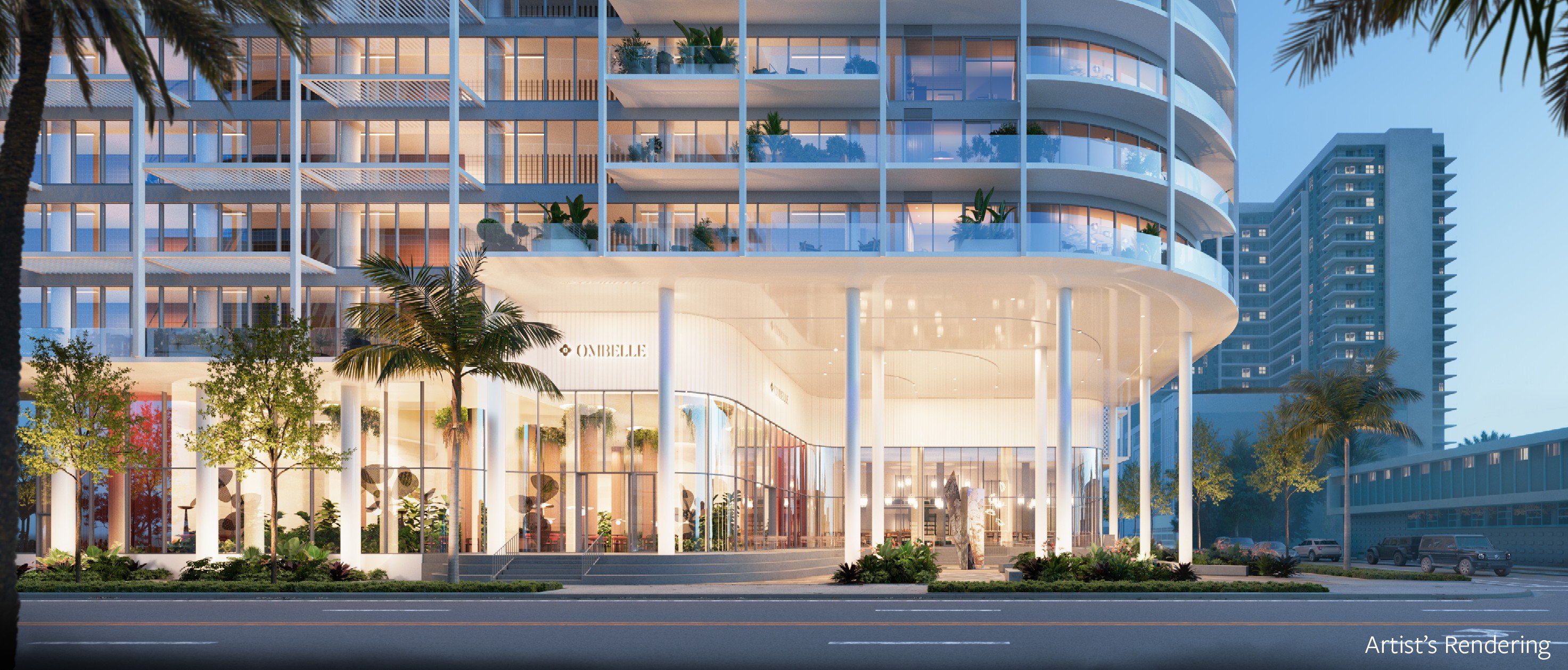 Rendering of the curved, glass-fronted arrival at Ombelle Fort Lauderdale at dusk