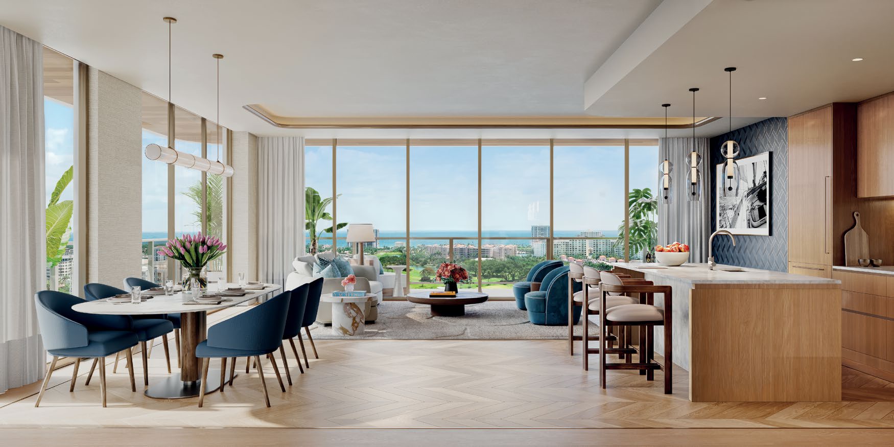 Rendering of a living and dining area with a terrace view at Mr. C Residences Boca Raton