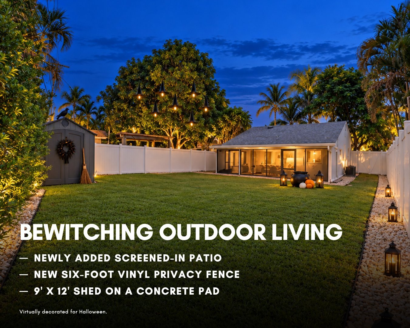 Large fenced backyard with fresh sod, stone borders, a storage shed, and a screened patio at a no-HOA home for sale in West Palm Beach, Florida