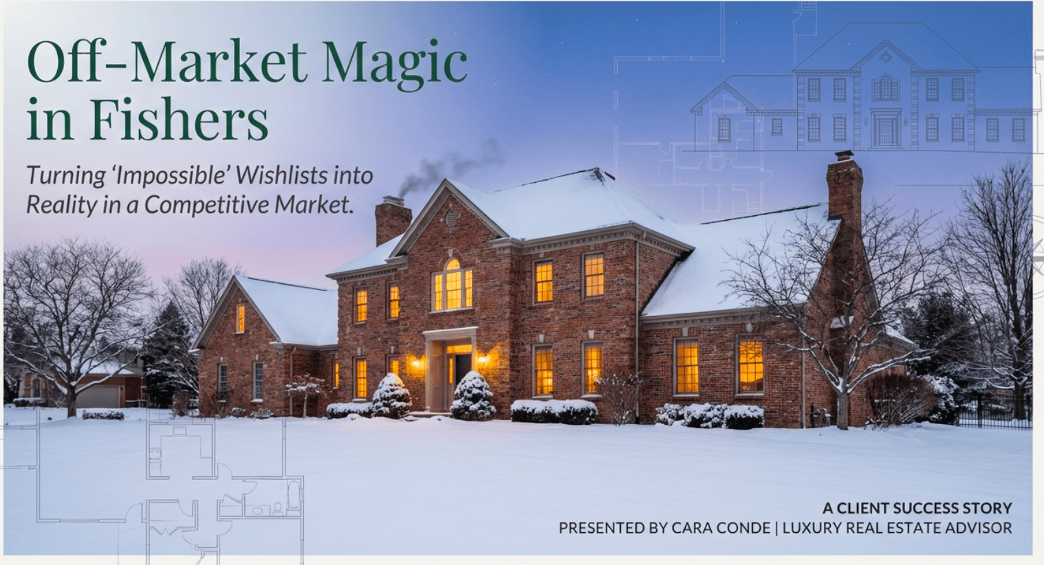 Stately brick colonial luxury home exterior in Hamilton Proper, Fishers Indiana &ndash; classic curb appeal with welcoming porch, snow-covered winter scene, ideal family relocation property