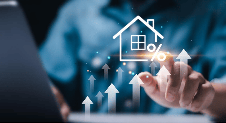 A hand interacts with rising arrows and a house-and-percent symbol, illustrating home values.
