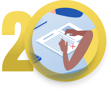 Person reviewing a document marked with a red X beside a large yellow 20.