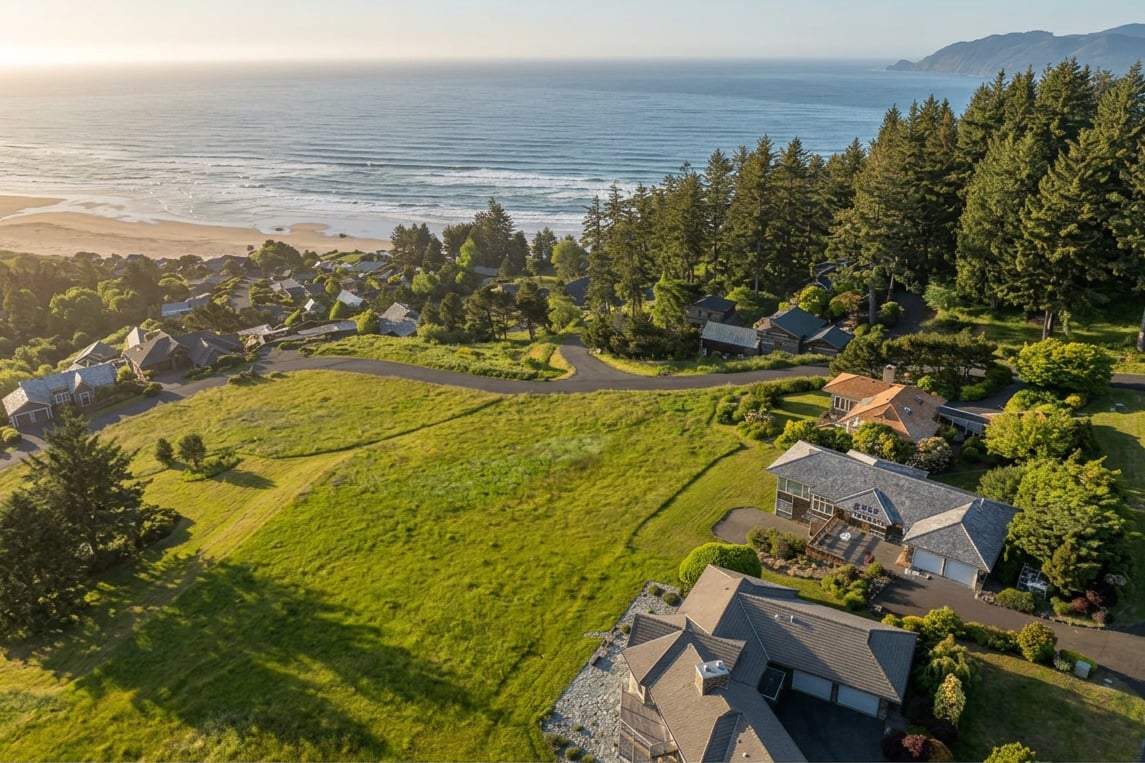 Sold ocean-view homesite at Meadow Loop Lot 27 in Neahkahnie Meadow, represented by Leisha Mizee-Riggert of Home + Sea Realty, with Pacific coastline views and gated community access.