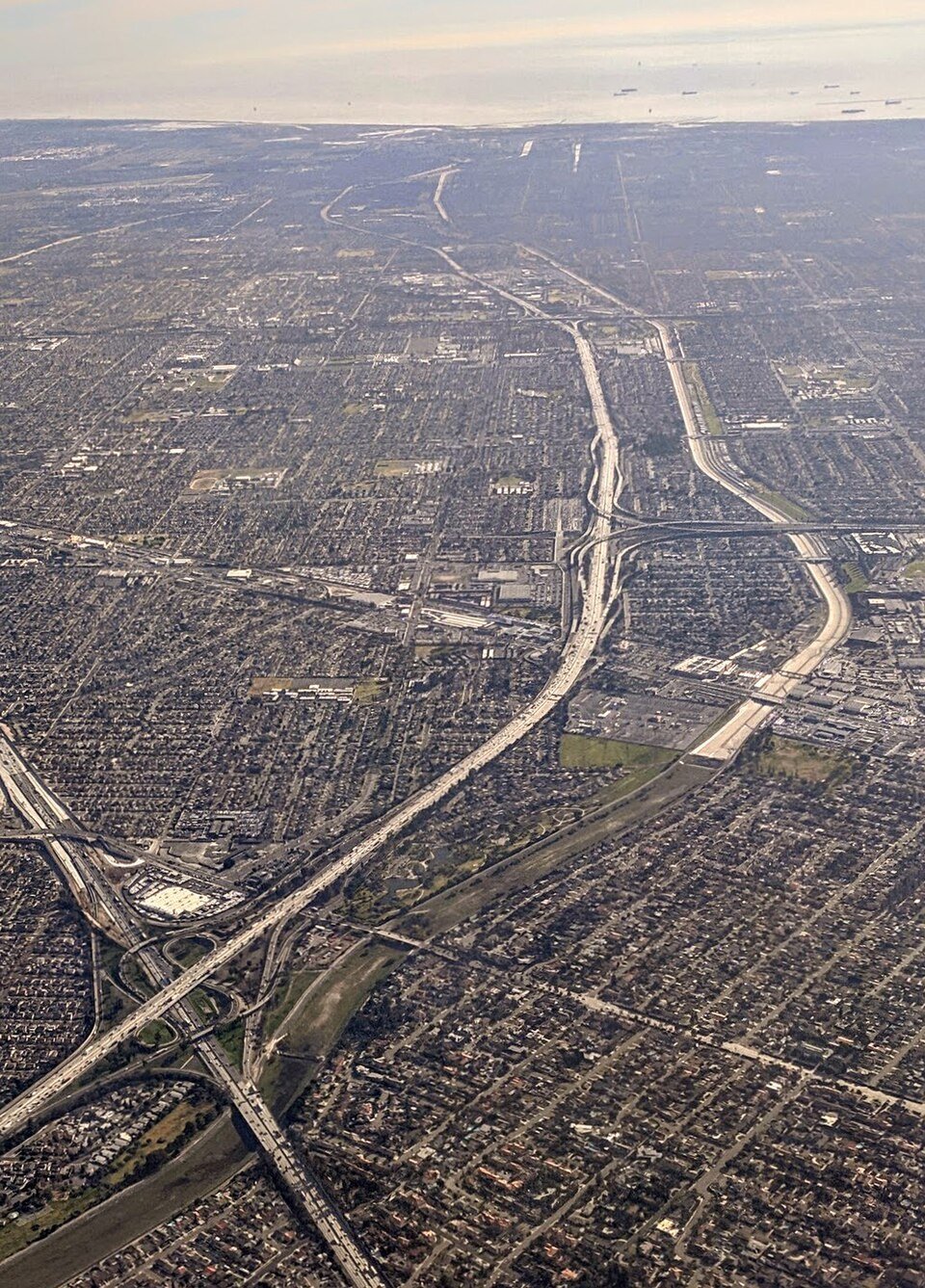 Aerial view of the San Gabriel River, Rio San Gabriel Park and the Downey-Norwalk edge