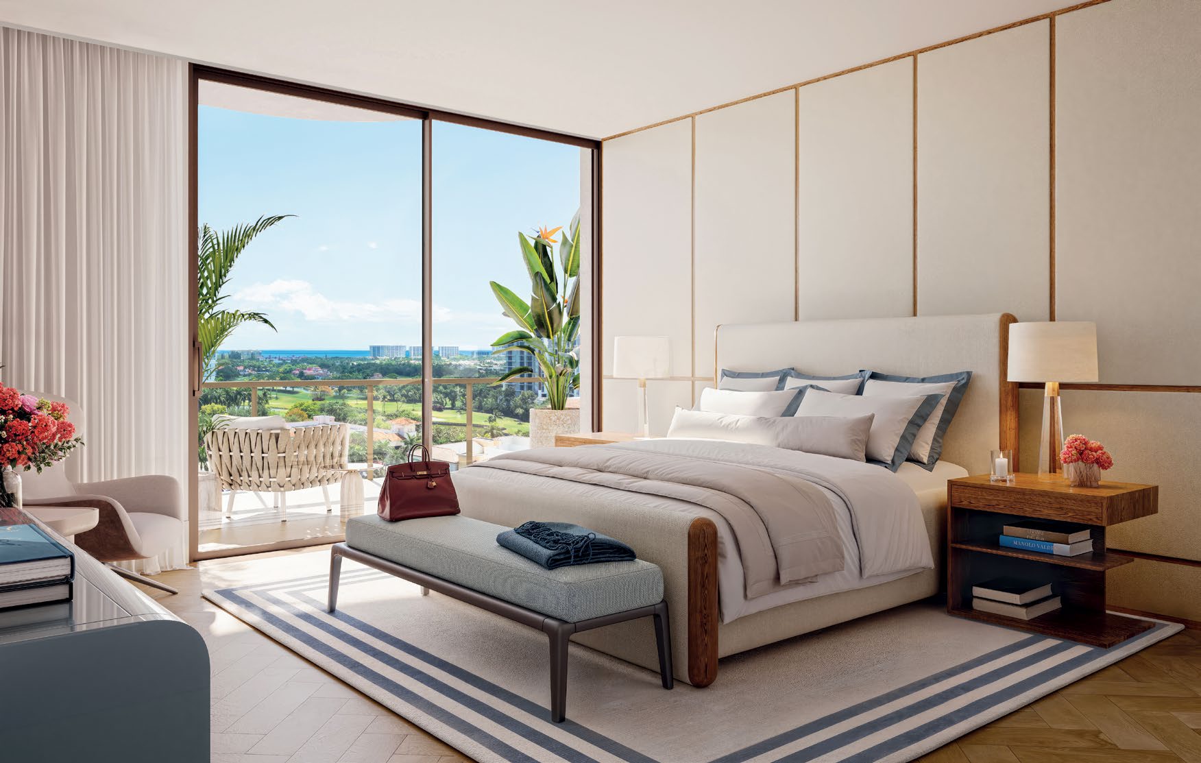 Rendering of a master bedroom with floor-to-ceiling glass at Mr. C Residences Boca Raton