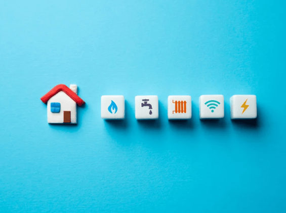 Model house beside icons for gas, water, heating, internet, and electricity.