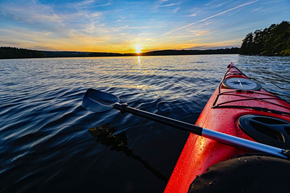 Red kayak and paddle on a lake at sunset, facing a tree-lined horizon.