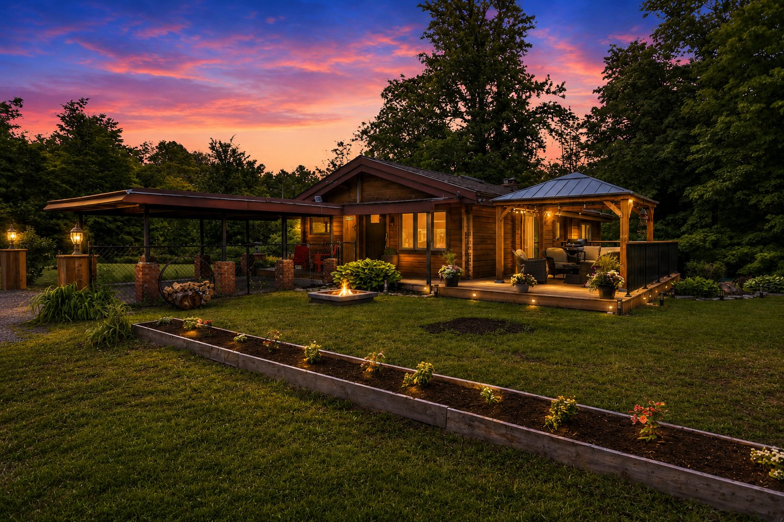 Wooden cottage with a covered patio, fire pit, and garden at dusk.